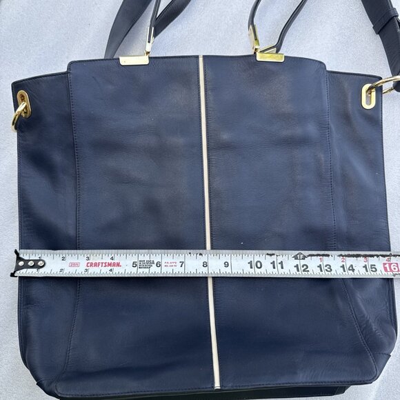 Times Arrow Large Navy Blue Leather Tote Bag Gold Hardware /White Accent - Picture 7 of 9